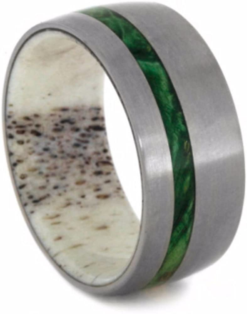 Green Box Elder Burl Wood, Deer Antler 10mm Comfort-Fit Matte Titanium Wedding Band, Size 4.5