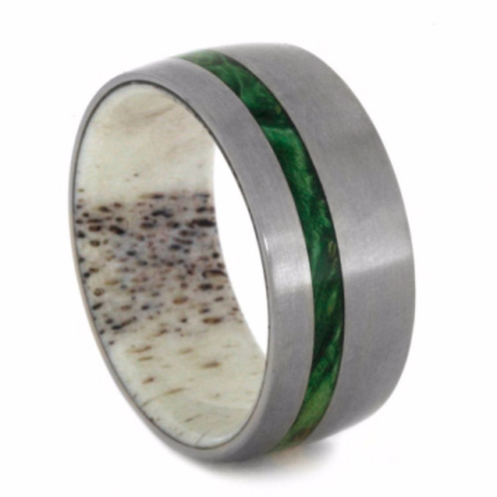 Green Box Elder Burl Wood, Deer Antler 10mm Comfort-Fit Matte Titanium Wedding Band, Size 7.5