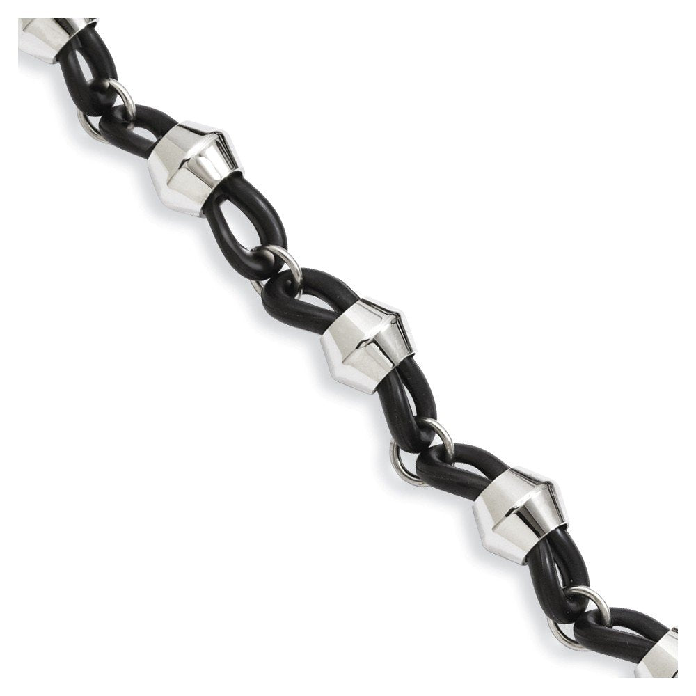 Men's Polished Stainless Steel Black Rubber 12mm Link Bracelet, 9"