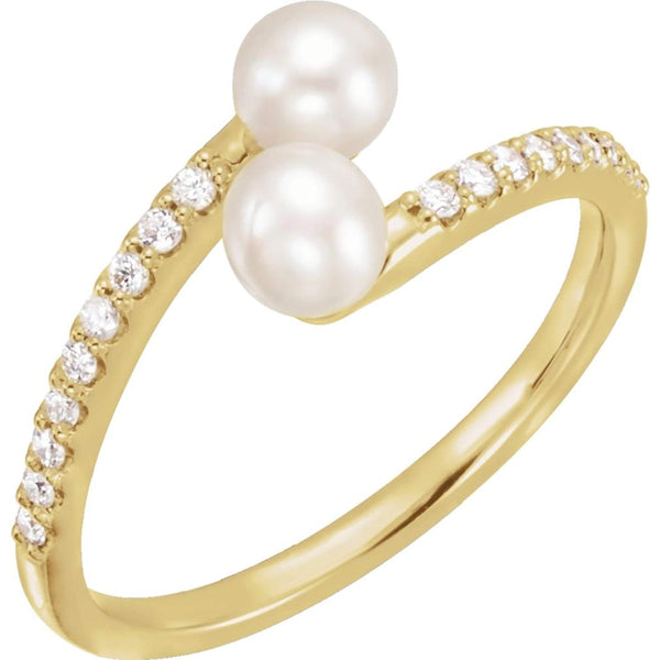 White Freshwater Cultured Pearl, Diamond Bypass Ring, 14k Yellow Gold (4.5-5 mm)(.16Ctw, Color G-H, Clarity I1)