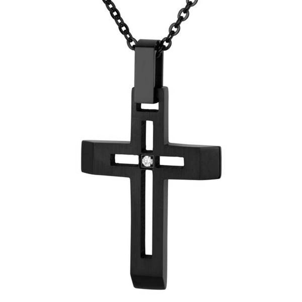 Men's Black Ion Plated with Black CZ Cross Pendant Necklace , Stainless Steel, 24"