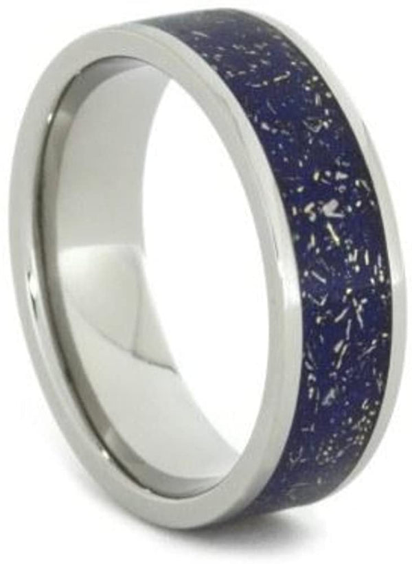 Blue Stardust with Meteorite and 14k Yellow Gold 7mm Comfort-Fit Titanium Ring, Size 5.75