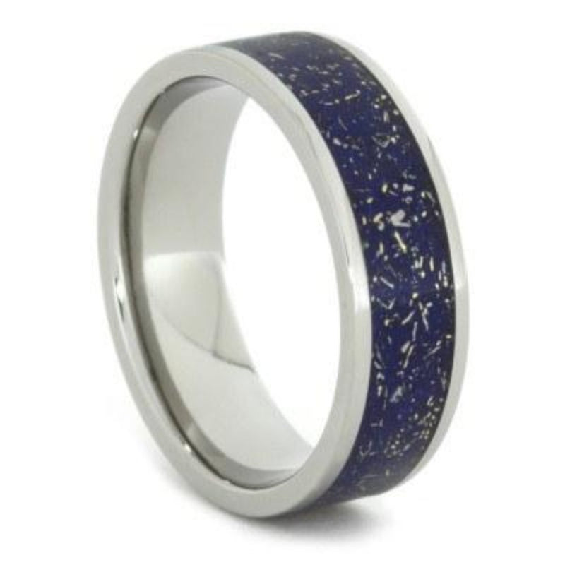 The Men's Jewelry Store (Unisex Jewelry) Blue Stardust with Meteorite and 14k Yellow Gold 7mm Comfort-Fit Titanium Ring