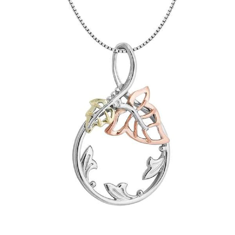 High Polished Circle Leaf Vine Pendant Necklace, Rhodium Plated Sterling Silver, 10k Green and Rose Gold, 18" to 22"
