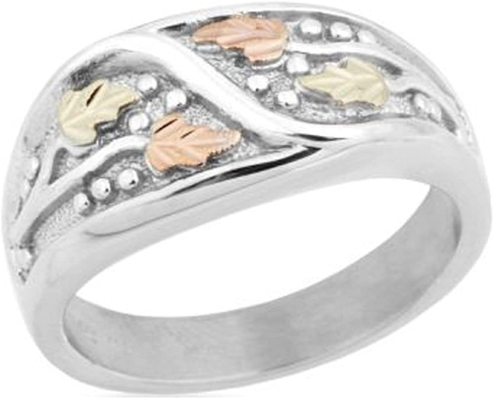 Men's Frosty Leaves Ring, Sterling Silver, 12k Green and Rose Gold Black Hills Gold Motif, Size 13