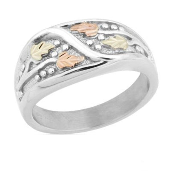 Men's Frosty Leaves Ring, Sterling Silver, 12k Green and Rose Gold Black Hills Gold Motif, Size 9.25