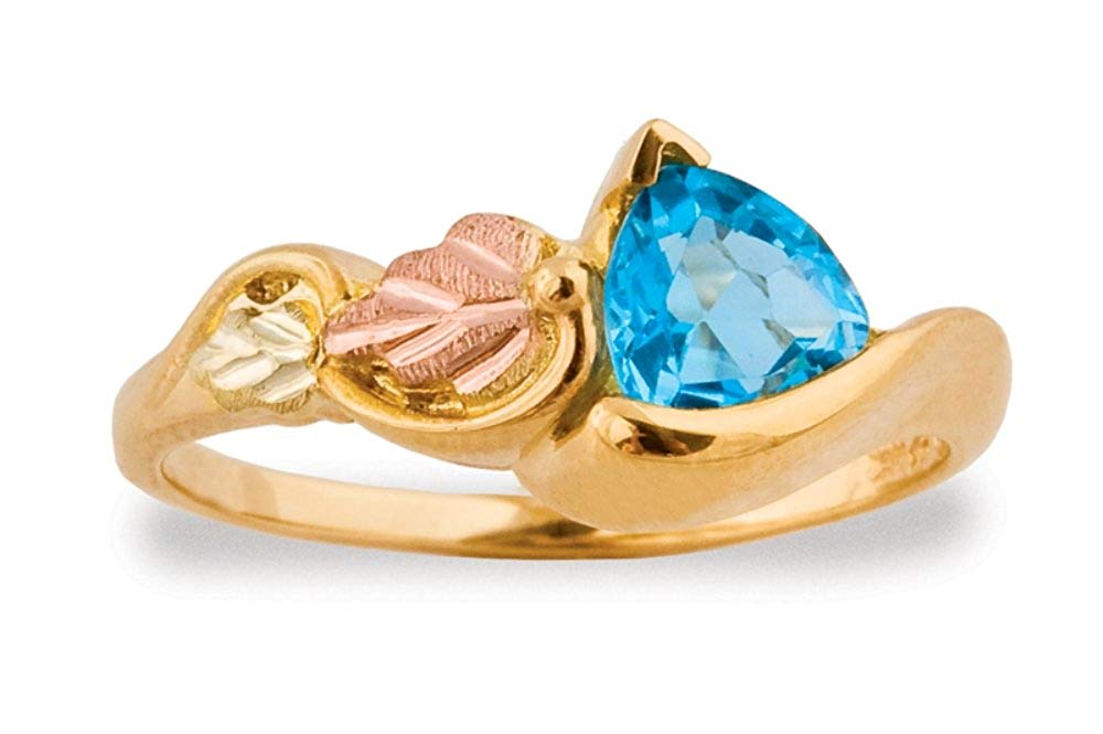 Petite Trillion Blue Topaz Ring, 10k Yellow Gold, 12k Green and Rose Gold Black Hills Gold Motif