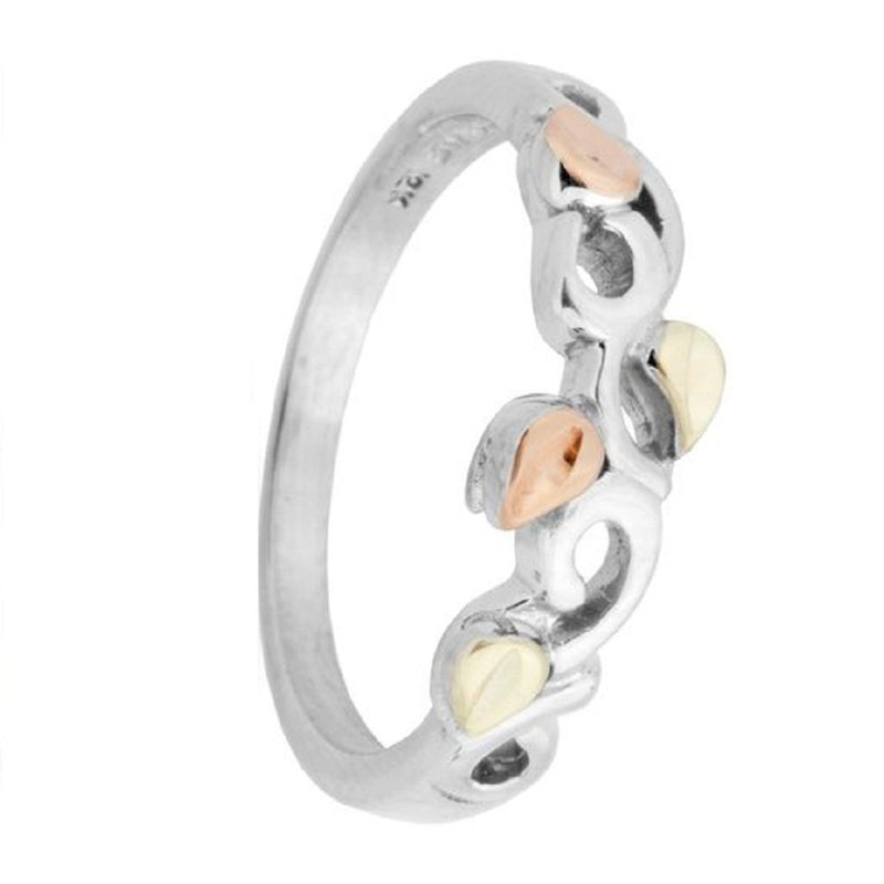 Slim-Profile Scroll Band, Rhodium Plated Sterling Silver, 10k Green and Rose Gold, Size 5.75