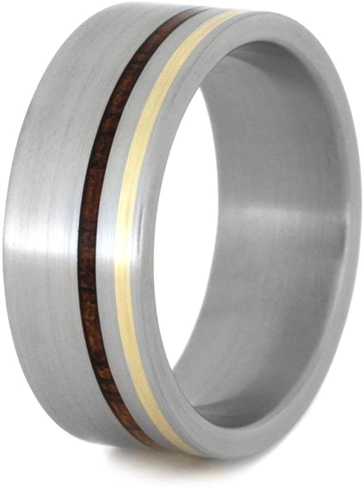 Ancient Kauri Wood, 14k Yellow Gold 8mm Comfort-Fit Brushed Titanium Band, Size 14.5