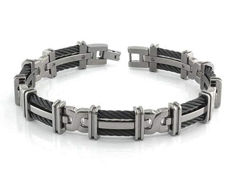 Men's Mediterranean Collection Gray Titanium 10mm Two Row Cable Wire Link Bracelet, 8.5"