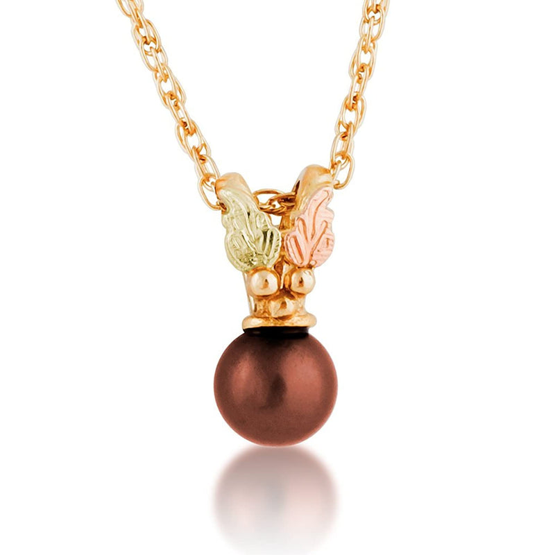 Brown Chocolate Pearl Pendant Necklace, 10k Yellow Gold, 12k Green and Rose Gold Black Hills Gold Motif, 18" (6.00 MM)