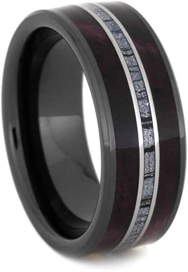 The Men's Jewelry Store (Unisex Jewelry) Purple Box Elder Burl, Cobaltium Mokume, Titanium 8mm Comfort-Fit Black Ceramic Sleeve Band, Size 15.75