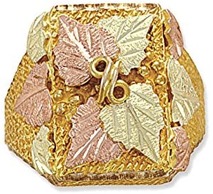 Men's Square Multiple Leaf Ring, 10k Yellow Gold, 12k Green and Rose Gold Black Hills Gold Motif, Size 9.5