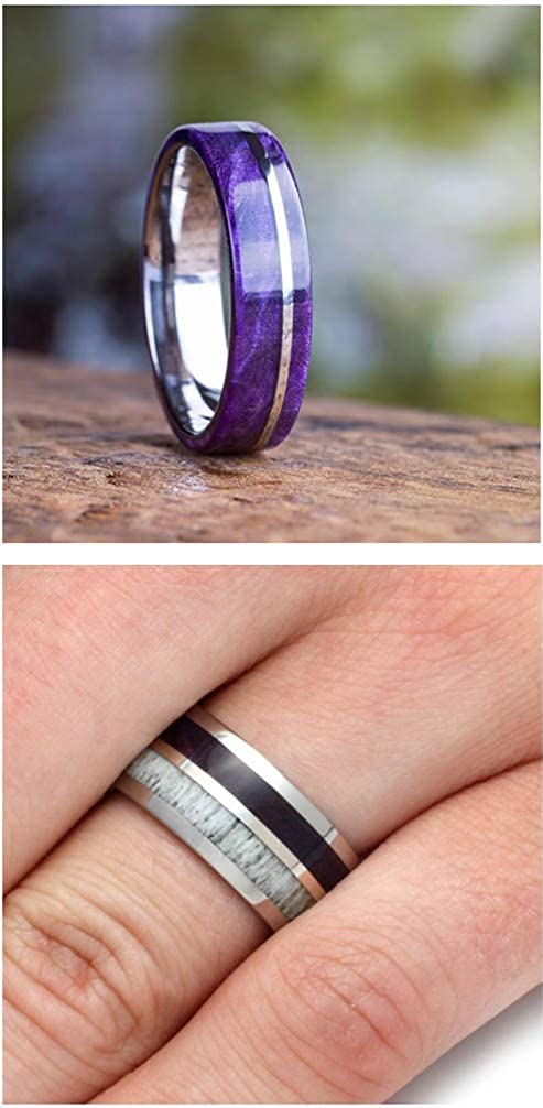 His and Hers Deer Antler, Purple Box Elder Burl Titanium Band, Purple Box Elder Burl Wood Titanium Band Sizes M11-F7.5