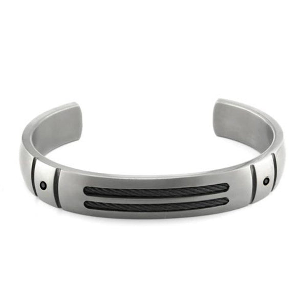 Men's Cable Sport Collection Gray Titanium Cable Black Diamond Sterling Silver Bezel Cuff Bangle Bracelet (.12 Ctw)