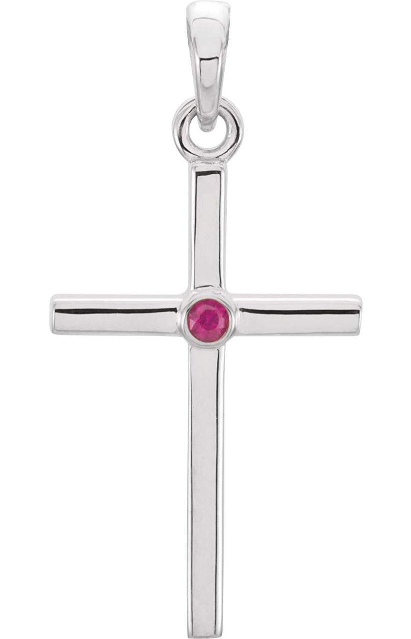 Ruby Inlay Cross Rhodium-Plated 14k White Gold Pendant (30.6x16.6MM)