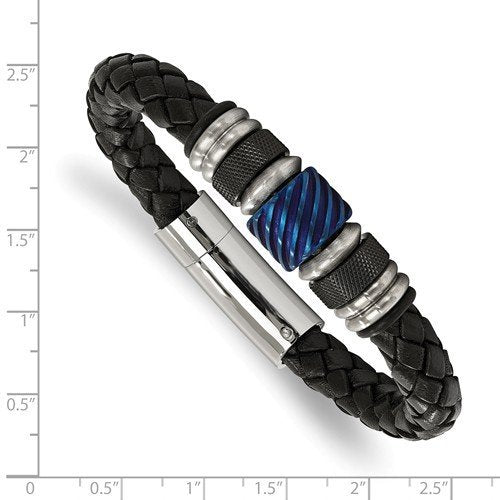 Men's Brushed Stainless Steel Black and Blue IP-Plated, Black Rubber and Leather Bracelet, 8.5"