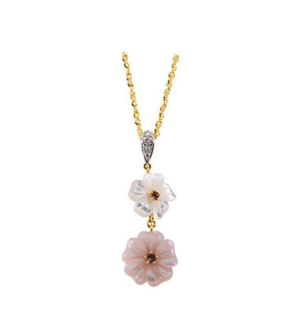14k Yellow Gold Pink Tourmaline, Mother of Pearl and Diamond Flower Necklace, 18"