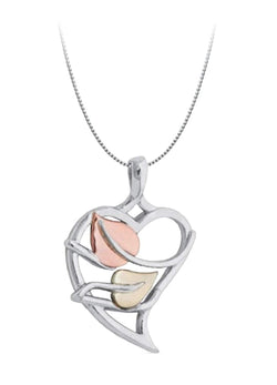 Sweet Heart Leaves Pendant Necklace, Rhodium Plated Sterling Silver, 10K Green and Rose Gold, 18" to 22"