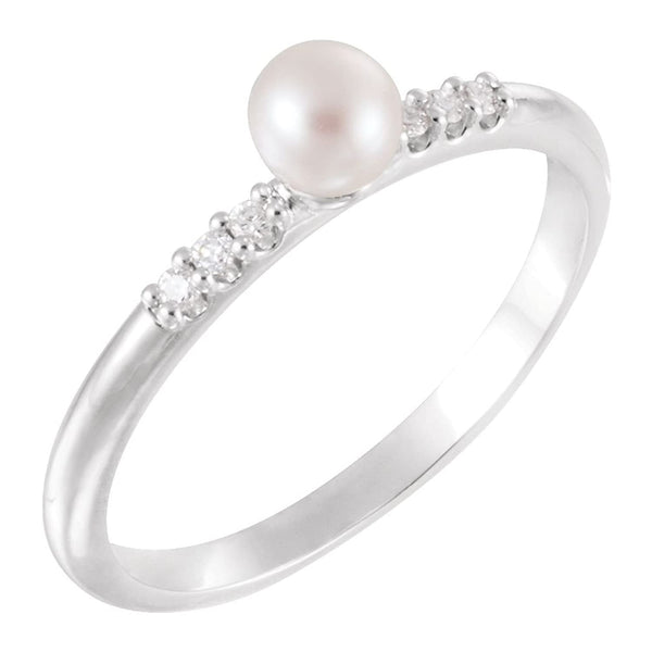 White Cultured Pearl, Diamond Stackable Ring, Rhodium-Plated 14k White Gold (4-4.5mm)(.05Ctw, Color G-H, Clarity I1) Size 6.75