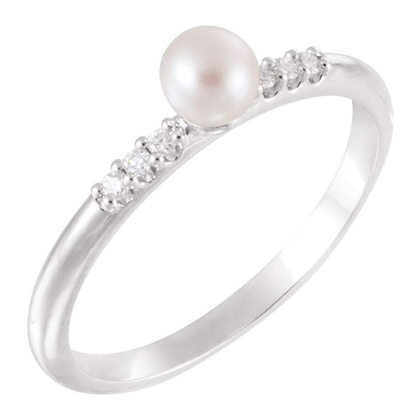 White Cultured Pearl, Diamond Stackable Ring, Sterling Silver (4-4.5mm)(.05Ctw, Color G-H, Clarity I1)