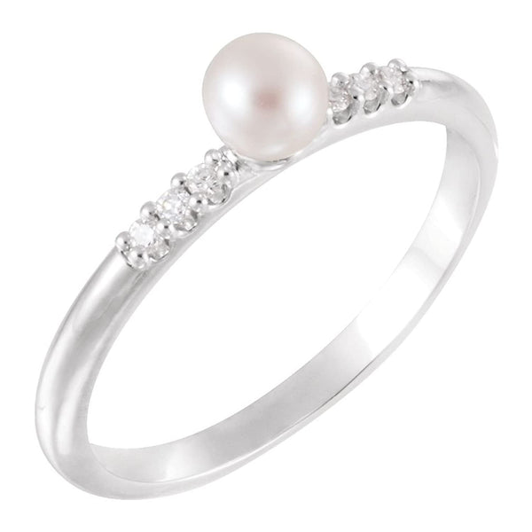 White Cultured Pearl, Diamond Stackable Ring, Sterling Silver (4-4.5mm)(.05Ctw, Color G-H, Clarity I1) Size 7.25