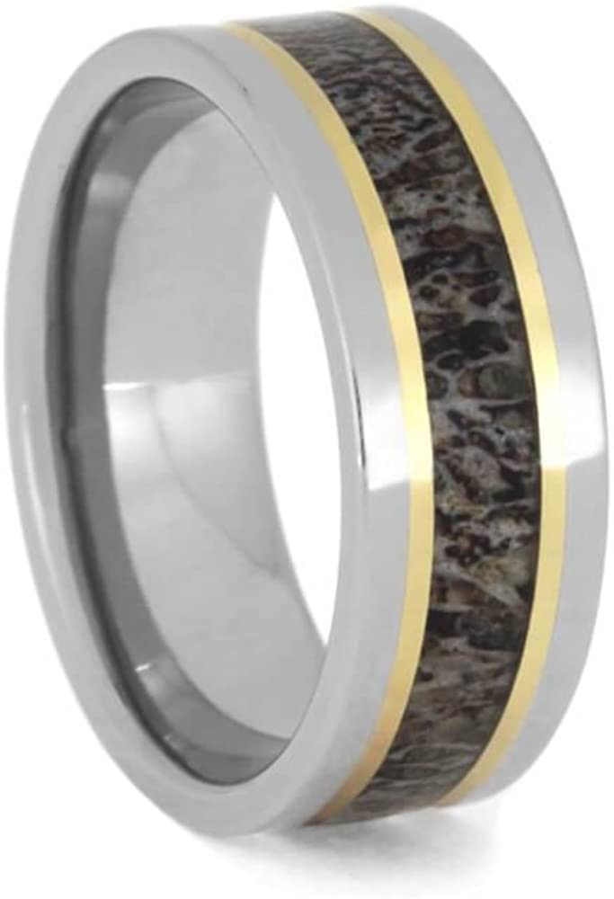 Deer Antler, 14k Yellow Gold Stripes 8mm Titanium Comfort-Fit Band, Size 6.75