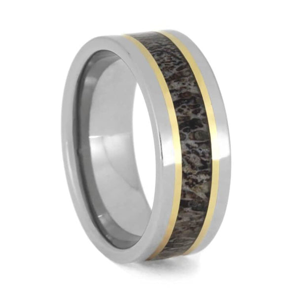 The Men's Jewelry Store (Unisex Jewelry) Deer Antler, 14k Yellow Gold Stripes 8mm Titanium Comfort-Fit Band