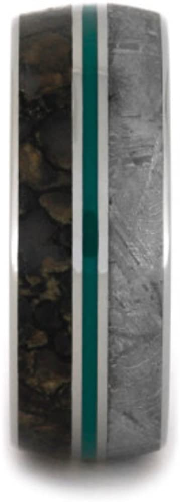 Dinosaur Bone, Gibeon Meteorite, Green Pinstripe 9mm Comfort-Fit Titanium Band, Size 10.5