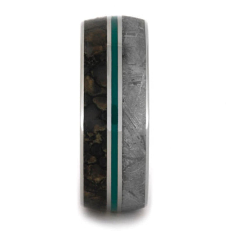 Gibeon Meteorite, Dinosaur Bone, Green Enamel Pinstripe 9mm Comfort-Fit Titanium Band