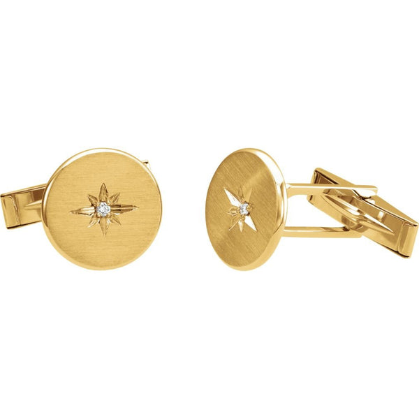 Diamond Satin-Brushed 14k Yellow Gold Round Cuff Links (.03 Ctw, Color G-H, Clarity I1)