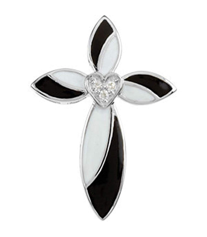 Black and White Enamel Diamond Cross 14k White Gold Pendant