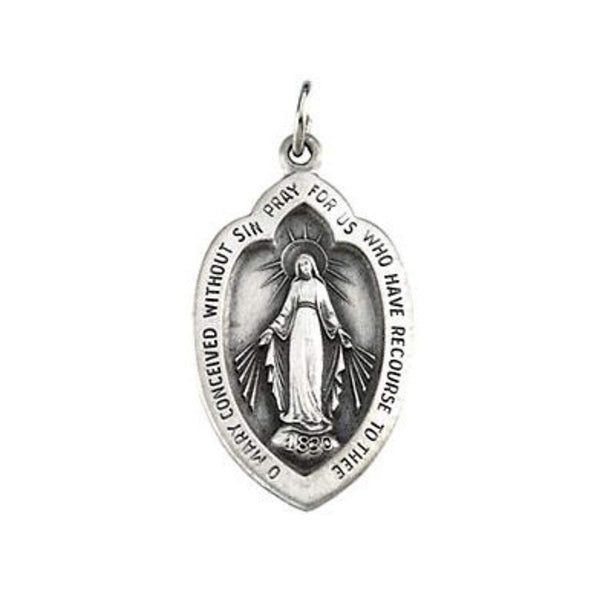 14k White Gold Badge Shaped Miraculous Medal (18x12 MM)
