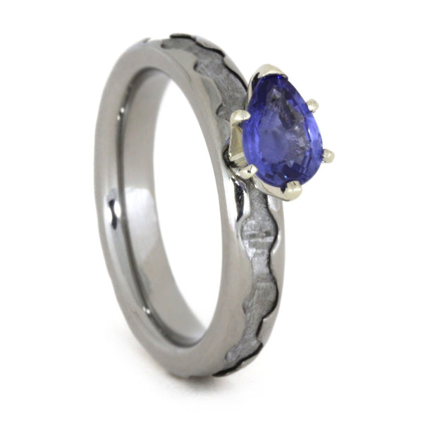 Created Blue Sapphire Pear,Gibeon Meteorite 4mm Comfort-Fit Titanium Engagement Band