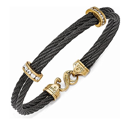Tango Collection Black Titanium and Bronze White Sapphire Cable Wire Bracelet, 7"
