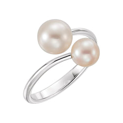 Two White Freshwater Cultured Pearls Bypass Ring, Rhodium-Plated 14k White Gold (6-6, 7.5-8mm) Size 7