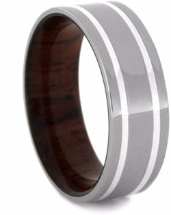 Honduran Rosewood Sleeve, Sterling Silver Pinstripe 7mm Comfort-Fit Titanium Wedding Band, Size 14.25