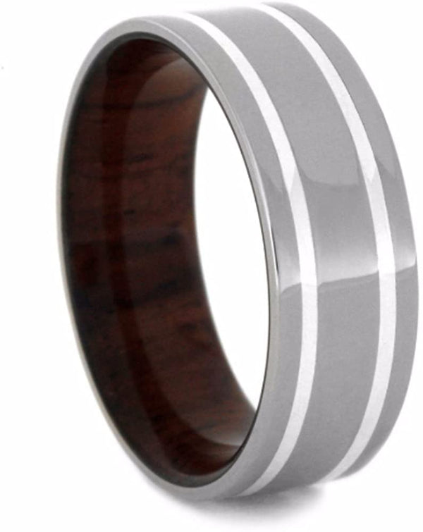 Honduran Rosewood Sleeve, Sterling Silver Pinstripe 7mm Comfort-Fit Titanium Wedding Band, Size 14.25