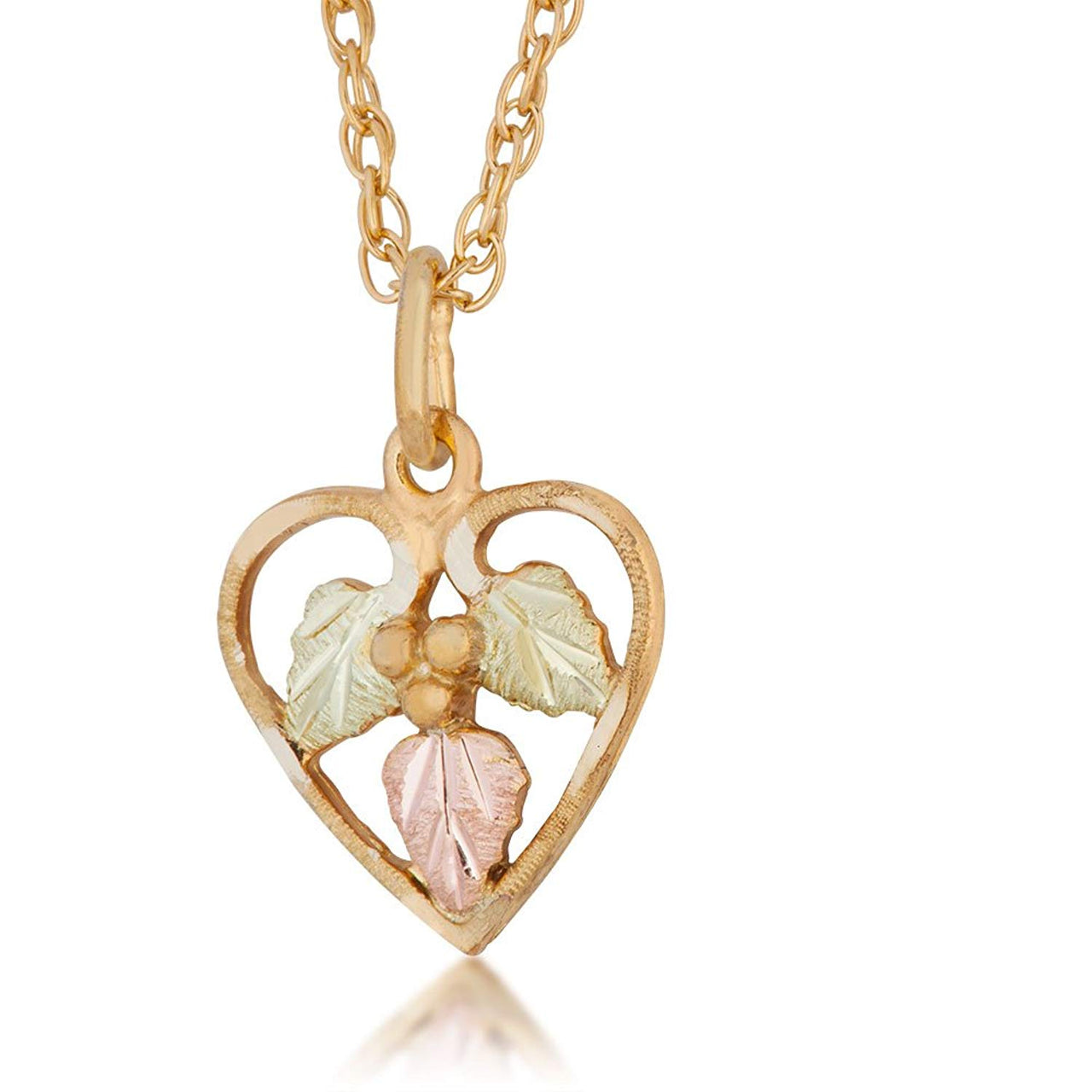 Heart with Three Leaf Pendant, 10k Yellow Gold, 12k Green and Rose Gold Black Hills Gold Motif, 18"