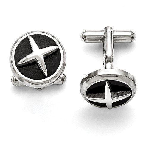 Stainless Steel Black Enameled X Round Cuff Links, 18MM