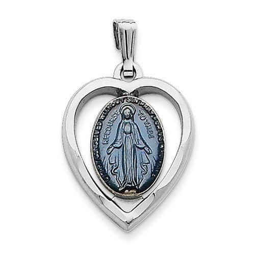 Rhodium-Plated Sterling Silver Miraculous Heart Medal (23X14MM)