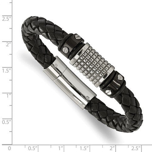 Men's Stainless Steel Black IP-Plated, Black Leather and Rubber Bracelet, 8.5"