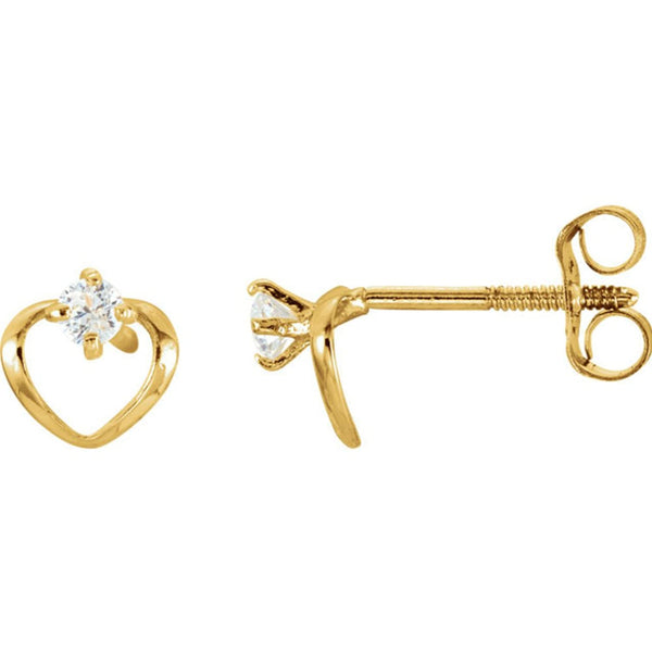 Childrens 14k Yellow Gold Open Heart and CZ Earrings