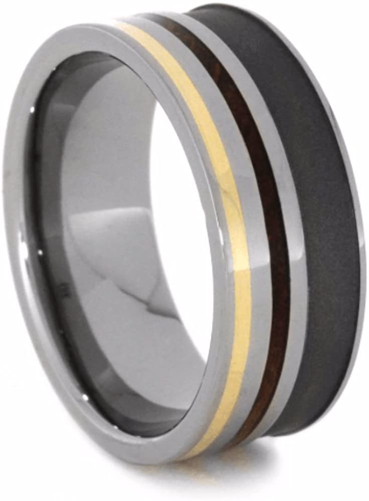 The Men's Jewelry Store (Unisex Jewelry) Whiskey Barrel Wood, 14k Yellow Gold 8mm Sandblasted Titanium Comfort-Fit Band, Size 14.75