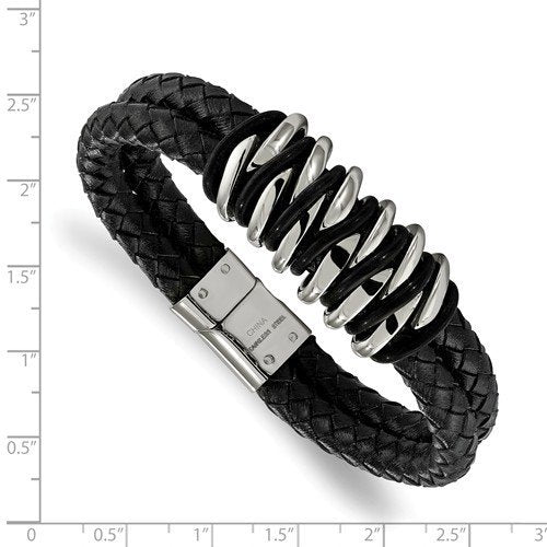 Men's Polished Stainless Steel 17mm Black Rubber and Leather Bracelet, 8.5"