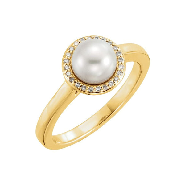 White Freshwater Cultured Pearl and Diamond Halo Ring, 14k Yellow Gold (6.5-7mm) (.06Ctw, G-H Color, I1 Clarity) Size 8