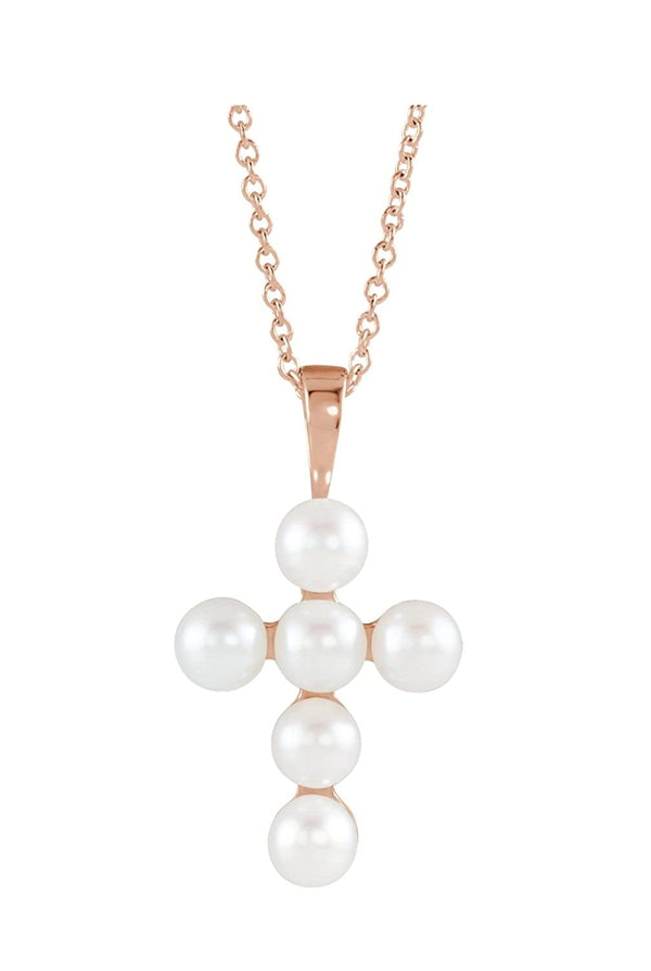White Freshwater Cultured Pearl Cross 14k Rose Gold Pendant Necklace, 16" and 18" (22.98X12.39 MM) (4-4.5MM)