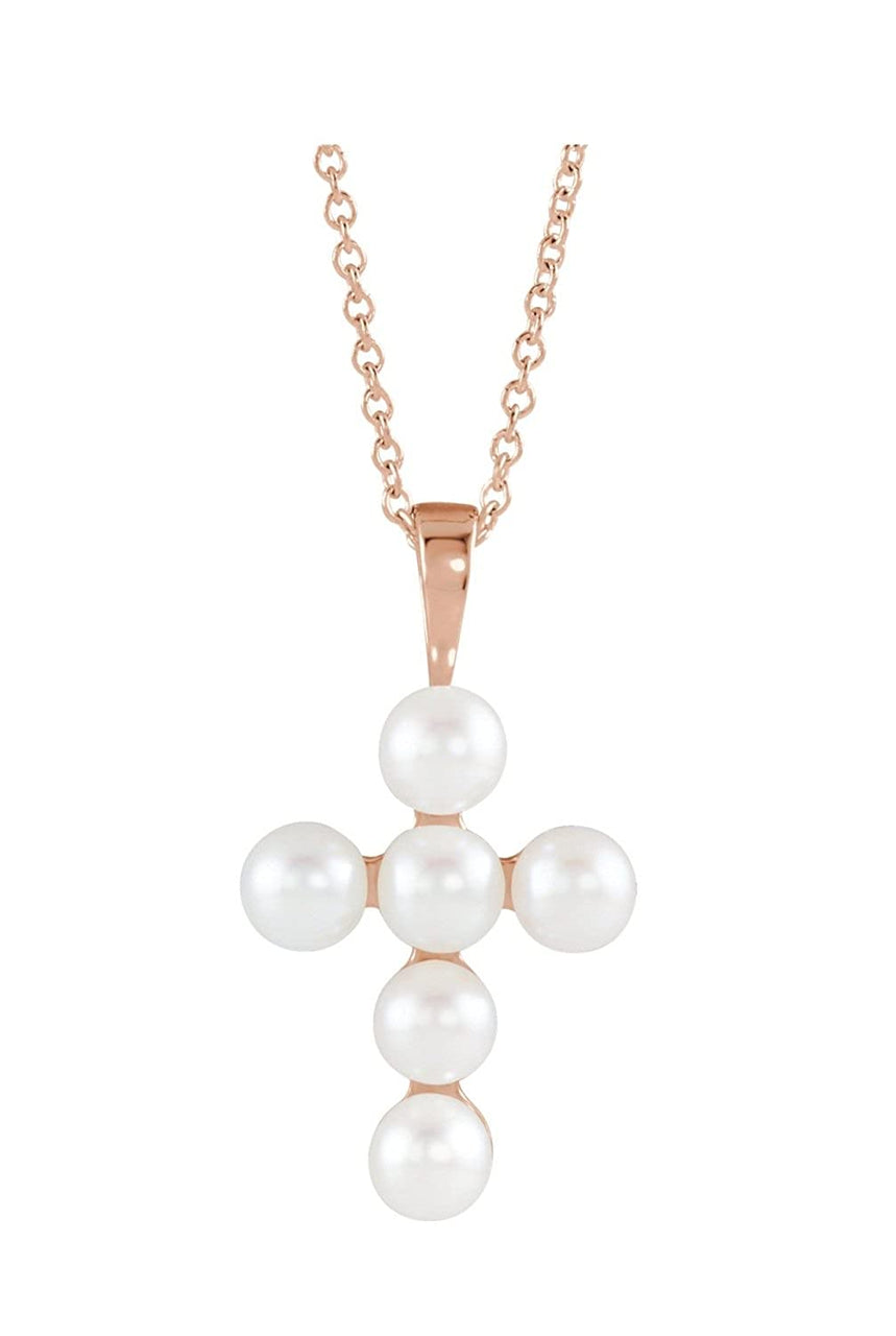 White Freshwater Cultured Pearl Cross 14k Rose Gold Pendant Necklace, 16" and 18" (22.98X12.39 MM) (4-4.5MM)