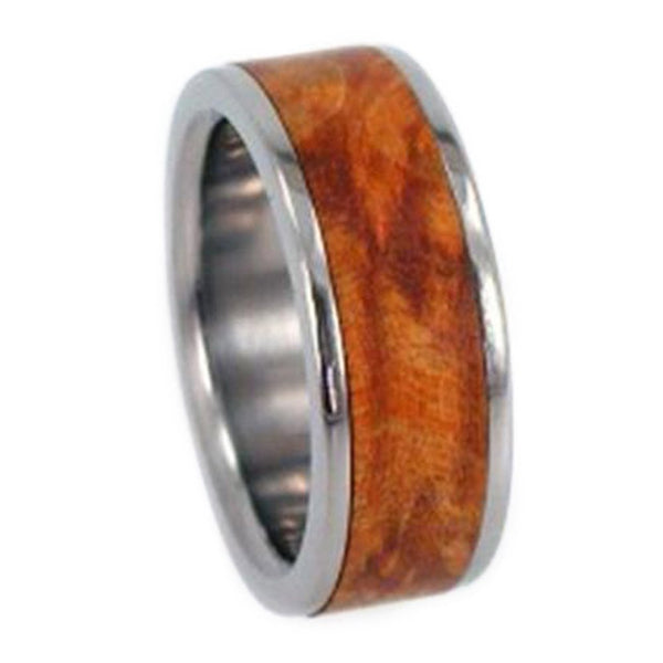 Gold Box Elder Burl Wood Inlay 6mm Comfort Fit Interchangeable Titanium Band, Size 15.5