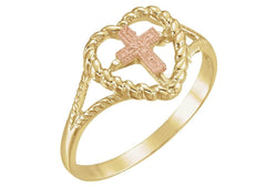 14k Yellow and Rose Gold Heart and Cross Ring, Size 7